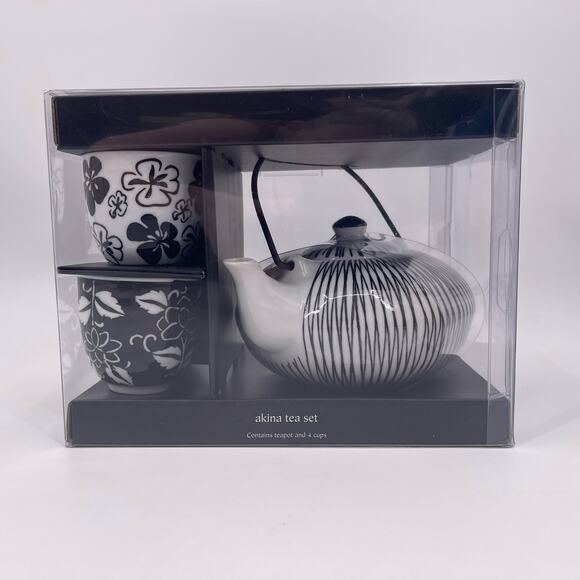 Pier 1 Imports Other - Pier 1 Imports AKINA Tea Pot Four Cup Set Porcelain Black White Pattern NEW